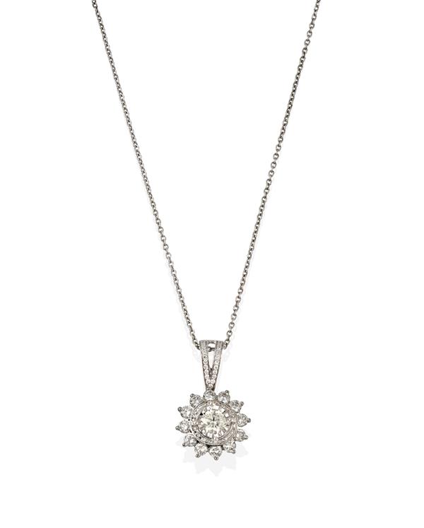 A Diamond Cluster Pendant on Chain, a round brilliant cut diamond within a double border of round