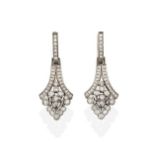 A Pair of Diamond Drop Earrings, each tapering openwork fan design set throughout with round