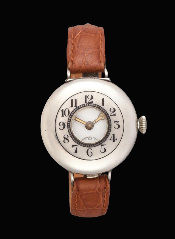 An Early Silver Enamel Dial Wristwatch, 1918, lever movement, enamel dial with luminous Arabic