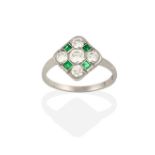 An Art Deco Style Emerald and Diamond Ring, the round brilliant cut diamond within a border of