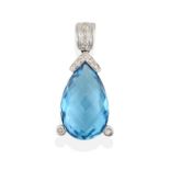 A 14 Carat White Gold Blue Topaz and Diamond Pendant, the pear shaped fancy cut blue topaz in an