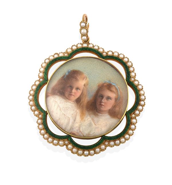 An Edwardian Enamel and Split Pearl Portrait Miniature Pendant, the circular frame with a portrait