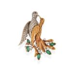 An Emerald, Ruby and Diamond Brooch, realistically modelled as two birds of paradise, one with
