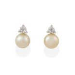 A Pair of 18 Carat White Gold Cultured Pearl and Diamond Earrings, the cultured pearl surmounted