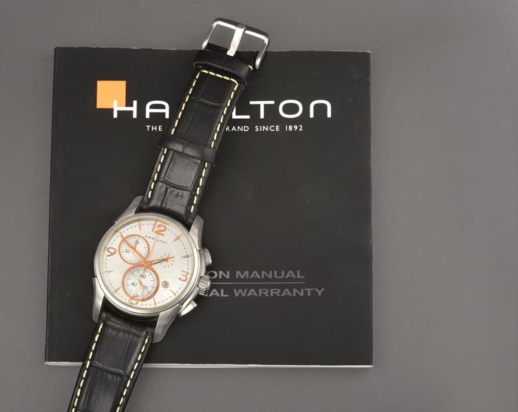 A Stainless Steel Calendar Chronograph Wristwatch, signed Hamilton, model: Jazz Master, ref: