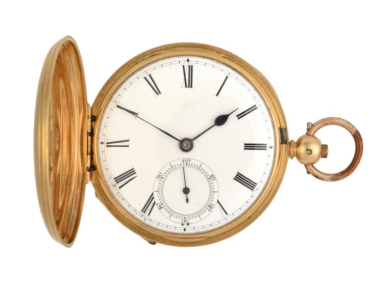 An 18 Carat Gold Full Hunter Duplex Pocket Watch, signed Ashdown, Finch Lane London, 1850, duplex