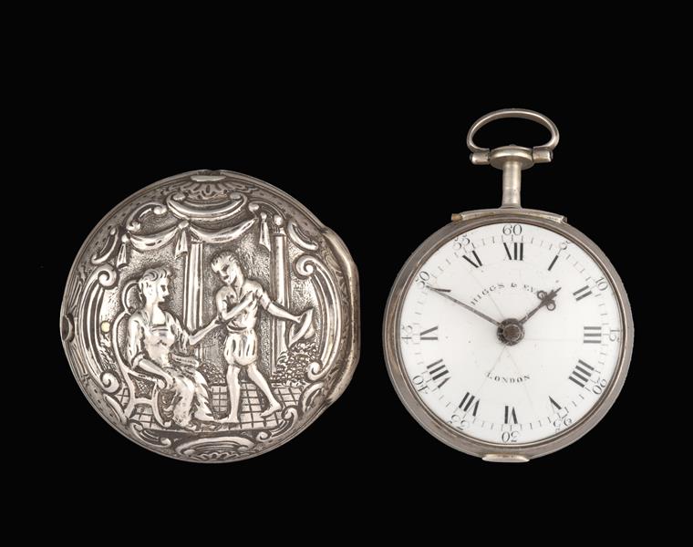 A Silver Pair Cased Verge Repousse Pocket Watch, signed Higgs & Evans, London, 1784, chain fusee