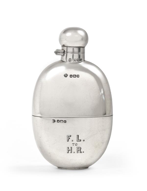 A George V Silver Hip-Flask, by William Hutton and Sons Ltd., Sheffield, 1912, oval, the base with