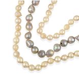 A Three Row Cultured Pearl Necklace, the 48:39:55 cream and grey baroque cultured pearls knotted