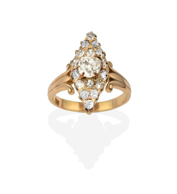 A Diamond Cluster Ring, the navette form set throughout with old cut diamonds, in yellow claw