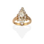 A Diamond Cluster Ring, the navette form set throughout with old cut diamonds, in yellow claw