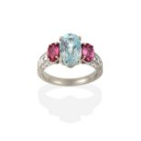 An Aquamarine, Pink Sapphire and Diamond Ring, the oval cut aquamarine flanked by oval cut pink
