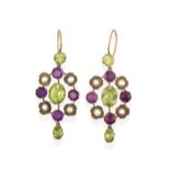 A Pair of Suffragette Amethyst, Peridot and Split Pearl Drop Earrings, circa 1900, an oval cut