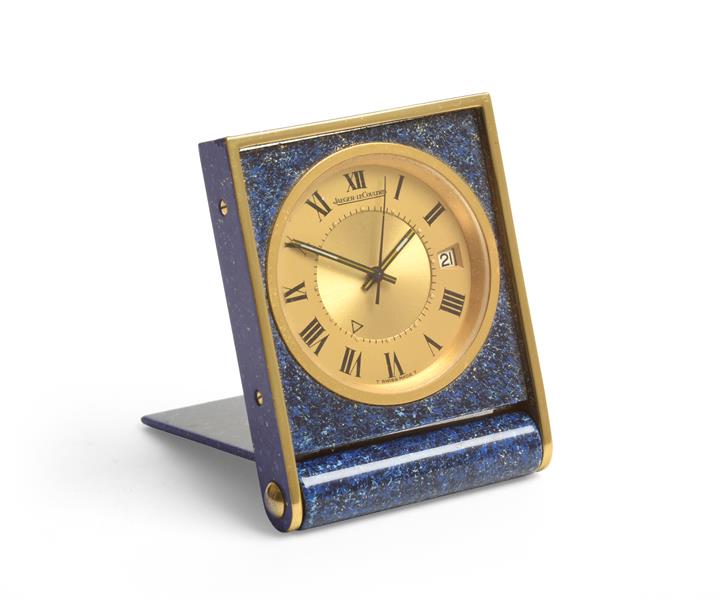 A Faux Lapis Lazuli Calendar Centre Seconds Alarm Travelling Timepiece, signed Jaeger LeCoultre,