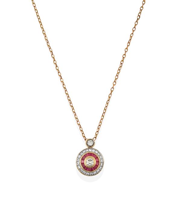 A Ruby and Diamond Cluster Pendant on Chain, a round brilliant cut diamond within a border of