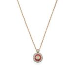 A Ruby and Diamond Cluster Pendant on Chain, a round brilliant cut diamond within a border of
