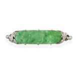 A Jade and Diamond Bar Brooch, circa 1935, the rounded rectangular carved and pierced jade panel