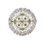 An Emerald and Diamond Brooch, circa 1900, the central quatrefoil motif formed of square cut