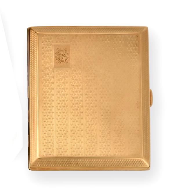 A George V Gold Cigarette-Case, by John Henry Wynn, Birmingham, 1927, 9ct, oblong, the hinged