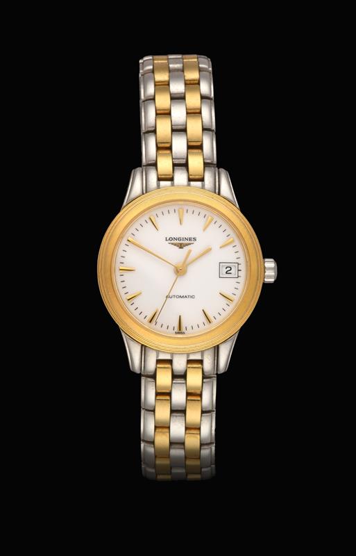 A Lady's Bi-Metal Automatic Calendar Centre Seconds Wristwatch, signed Longines, model: Flagship,