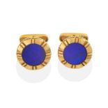 A Pair of Lapis Lazuli Cufflinks, by Asprey, formed of a round lapis lazuli within a yellow textured