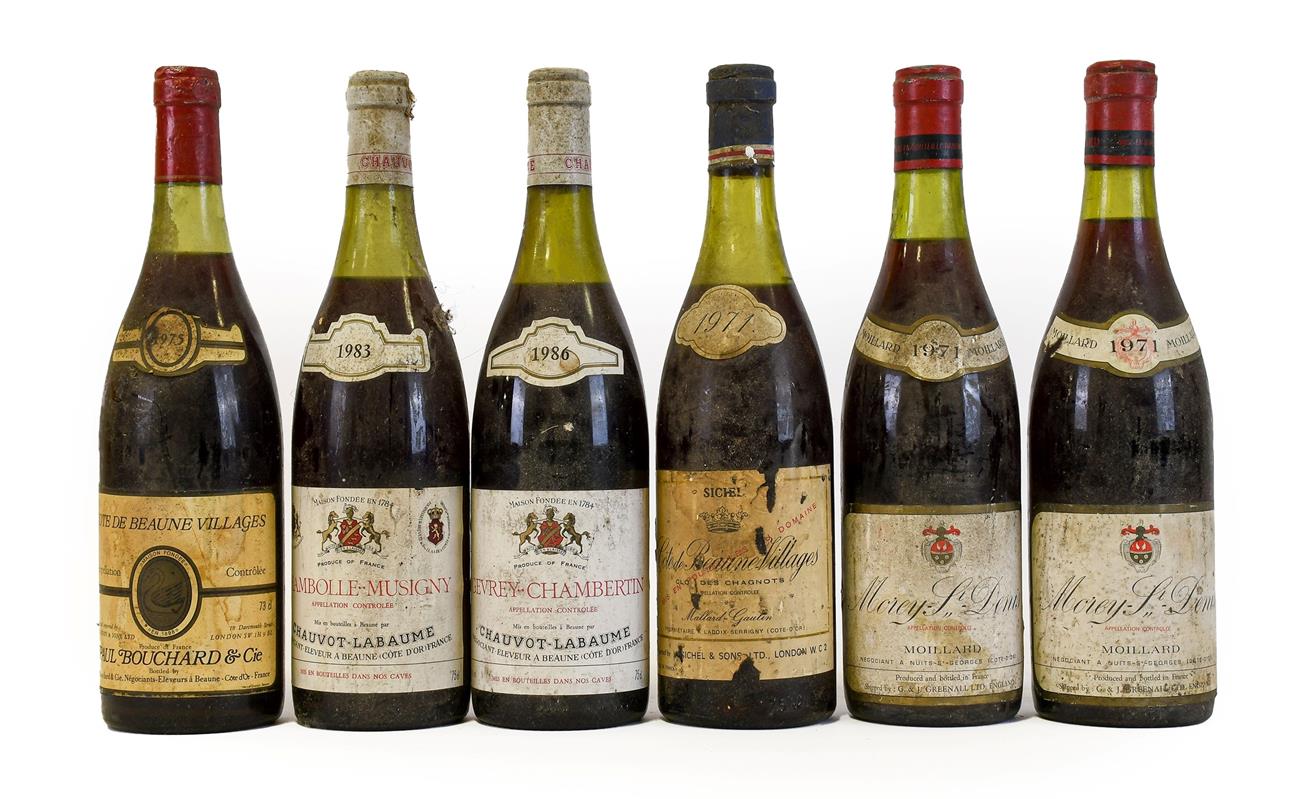 Morey-St. Denis 1971 Moillard (two bottles), Chauvot-Labaume 1983 Chambolle-Musigny (one bottle),