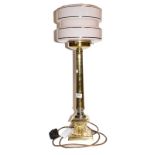 Brass table lamp on square base with pale pink shade (fitted for electricity)