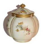 A Royal Worcester blush ivory vase and coverGood condition throughout. 18.5cm high. Shape number