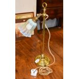 Edwardian brass rise and fall desk lamp, with vaseline glass shade