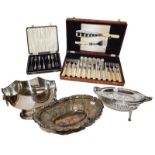 A collection of silver plate trophys, muffin warmer, fish knives & forks etc.a few silver