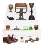 Two trays of metal wares and wooden items including a Black Forest pipe rack, Nailsea glass pipe and