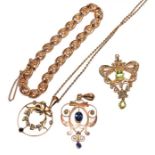 A peridot and split pearl brooch/pendant, measures 5.0cm by 3.0cm; a fancy link bracelet,