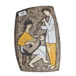 A mid century Scandinavian pottery wall plaque, decorated with two musicians, signed RAM, 32cm by