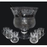 Silver toddy ladle and an Edinburgh crystal cut glass punch bowl, with six glasses Glass items - all