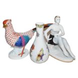 A Herend porcelain bird, a Herand porcelain vase and a Russian porcelain figure (3)