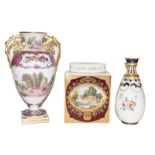 A Copelands Spode vase (af), a Royal Crown Derby vase and a Royal Couldron tea canister (3)