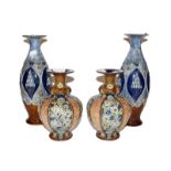 Pair of blue glaze Royal Doulton vases and a smaller squat pair (4) Larger pair - with light surface