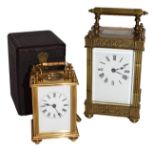 Brass carriage timepiece in travelling case, mobvement stamped with makers lion trademark for