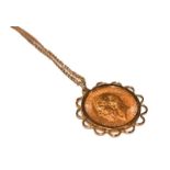 A half sovereign dated 1914 mounted as a pendant on chain, chain length 42cm . Mount unmarked. Chain