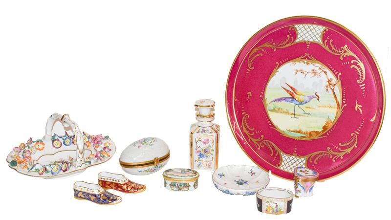 A group of continental and other porcelain with French charger, trinket boxes, Spode, Limoges etc (