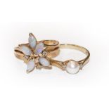 A 9 carat gold cultured pearl and diamond ring, finger size S; and an opal and diamond ring, stamped