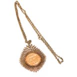 A sovereign dated 1884 mounted as a pendant on a yellow metal chain, chain length 58cm . Mount