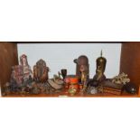 A group of Eastern items including soapstone carvings, bamboo brush pot, decorative shoes, pipe