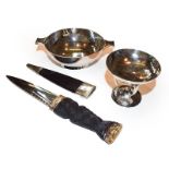 Three Scottish Silver Items, including: a silver-mounted skein dhu, the mounts Edinburgh, 1961; a