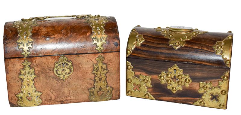 A Victorian brass bound walnut domed top stationery box, with scroll handle and applied strapwork
