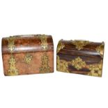 A Victorian brass bound walnut domed top stationery box, with scroll handle and applied strapwork
