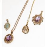 A 9 carat gold amethyst pendant on chain, chain length 48.5cm; a 9 carat gold cultured pearl pendant