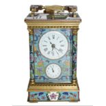 A Champleve enamel striking and repeating alarm carriage clock, 20th century