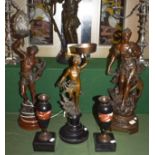 A spelter Classical figural lamp base, another spelter Classical figural centrepiece (lacking