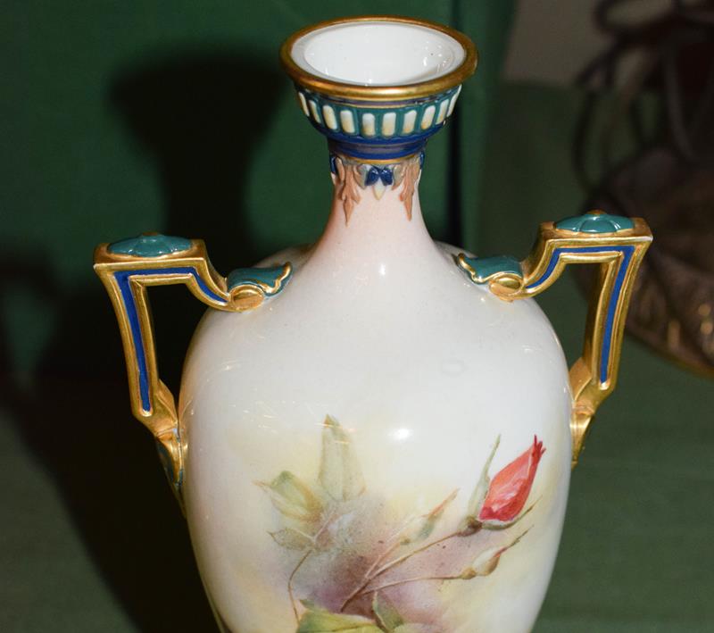 A Royal Worcester Hadley ware vase and a Royal Worcester vase, painted with roses (2) Twin-handled - Image 11 of 16